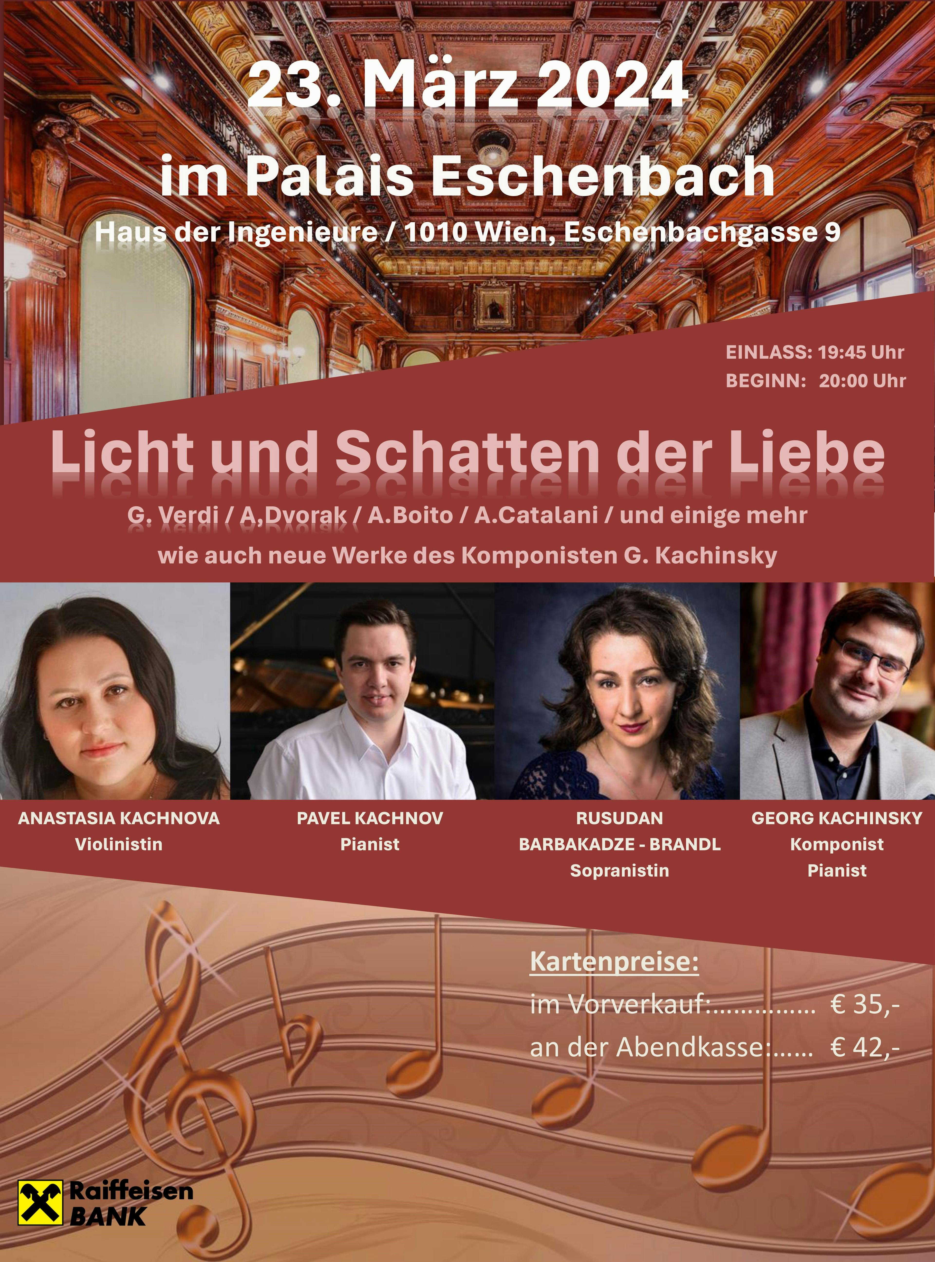 Klassischer Konzertabend I Licht und Schatten der Liebe I Palais Eschenbach I Verdi, Dvorak, Boito, Catalani, usw.